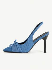 CUCCOO CHICEST French Bow Back Strap Stiletto High Heels Slim Pointed Commuter Elegant Shoes - Blue - View 6