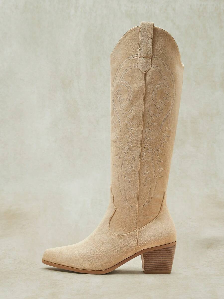 Styleloop Ladies Knee Boots Side Zipper Embroidered Pointed Thick Heel High Heel Casual High Heel Suede Apricot Boots Party Party Western Boots - Apricot - View 1
