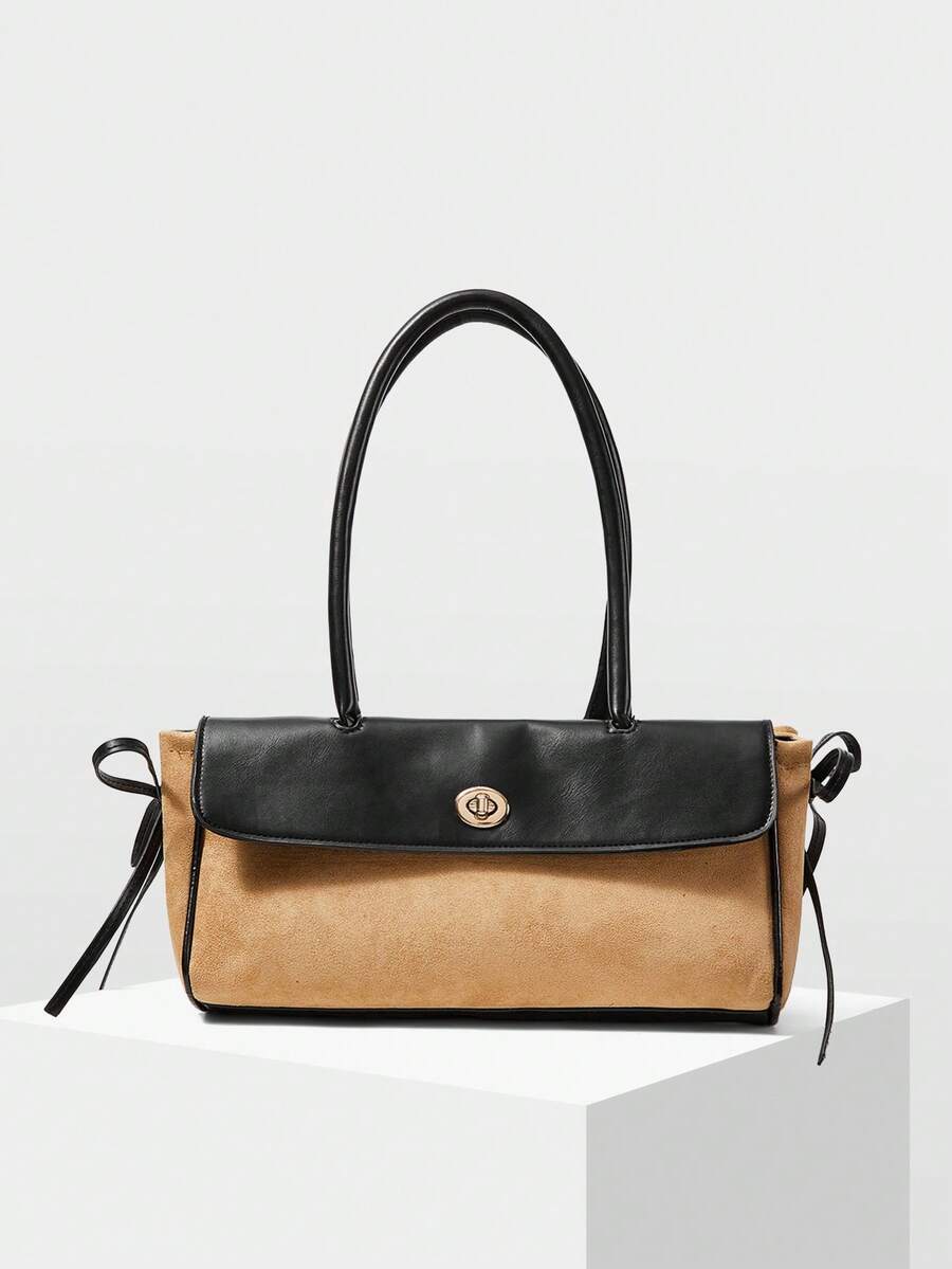 MOTF WOMEN'S STYLISH SIMPLE KHAKI SHOULDER BAG, CONTRASTING COLOR SPLICING FLIP BAGUETTE BAG, FOR DAILY, COMMUTING, SHOPPING, DATING - Khaki - View 1