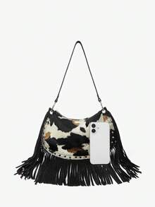 Viva Strut Women's Fashionable Personalized Street Simple Versatile Sweet Cool Hot Girl Y2K Retro Cow Pattern Rivet Tassel Shoulder Bag, Daily Music Festival - Cow tattoo black - View 5