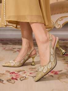 CUCCOO TILAWA Pearl Decoration Gold Sparkling Rhinestone Elegant Temperament Sexy Pointed Women's High Heels - The Rear Buckle Belt Is Exquisitely Designed, Using T - Gold - View 6