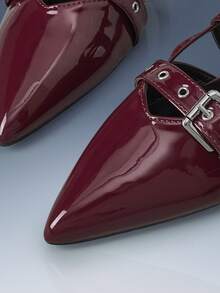 CUCCOO GRLICON Multi-Buckle Design Pointed Flat Sandals Burgundy PU Leather Versatile Low-Heeled Shoes Women, Suitable For Commuting And Office - Burgundy - View 6