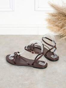 Alvarani Women's Thin Straps Cross Straps Craft Multi-Thin Straps Solid Color Glossy Round Toe Open Toe Ankle Buckle Strap Flat Sandals Simple Vacation Style - Brown - View 6
