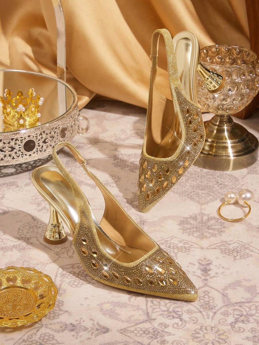 CUCCOO TILAWA Women's Gold Pointed Toe Low Heel Pumps With Ankle Strap, Hollow Back, Rhinestone Embellishment, Shiny Glamorous Style, Suitable For Commuting, Party And Formal Occasions - Gold - rhinestones - View 1