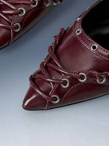 CUCCOO GRLICON Strap Decorative Pointed Flat Sandals Burgundy PU Leather Versatile Low-Heeled Shoes For Women, Suitable For Locomotive Style And Personalized - Burgundy - View 6