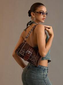 Viva Strut Ladies Fashionable Personality Street Sweet Cool Girls Y2K Vintage Deep Coffee Suede Star Rivet Design Flip Shoulder Bag, Daily School Shopping Dating - Dark coffee - View 7