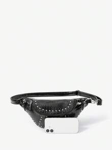 Viva Strut Ladies Fashionable Personality Simple Versatile Street Sweet And Cool Girls  Y2K Black Crocodile-Embossed Faux Leather Rivet Waist/Chest Bag - Black alligator pattern - View 6