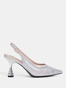 CUCCOO TILAWA Champagne Mesh Sparkling Rhinestone Elegant Temperament Sexy Pointed Women's High Heels - The Rear Buckle Belt Is Exquisitely Designed, Using The Desi - Silver - View 4