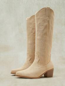 Styleloop Ladies Knee Boots Side Zipper Embroidered Pointed Thick Heel High Heel Casual High Heel Suede Apricot Boots Party Party Western Boots - Apricot - View 2