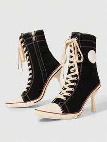 ROMWE Grunge Punk Women's Short Boots And Ankle Boots, Pointed-Toed Stiletto High-Lace-Up Dark Rock Punk Boots, Riveted Y2K Goth Boots, Knight Motorcycle Boots - Black -0004 - View 5