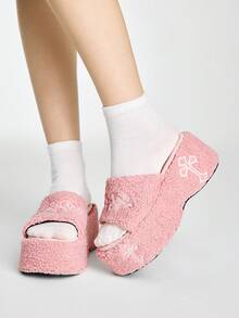 ROMWE Kawaii 女款斜跟厚底涼鞋 深色搖滾龐克哥德風 夏季露趾羅馬沙灘涼鞋 刺繡字母款 派對洋裝鞋 - 粉--色 - 查看 1