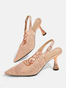 CUCCOO TILAWA Embroidery Mesh Sparkling Elegant Sexy Pointed Women's High Heels - Rear Buckle Intricate And Stylish Design, Adopted By Design Stiletto Women - Champagne - View 4
