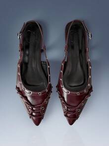 CUCCOO GRLICON Strap Decorative Pointed Flat Sandals Burgundy PU Leather Versatile Low-Heeled Shoes For Women, Suitable For Locomotive Style And Personalized - Burgundy - View 1