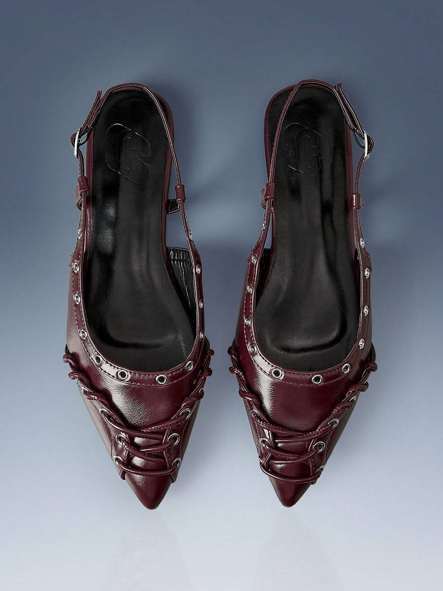 CUCCOO GRLICON Strap Decorative Pointed Flat Sandals Burgundy PU Leather Versatile Low-Heeled Shoes For Women, Suitable For Locomotive Style And Personalized - Burgundy - View 1