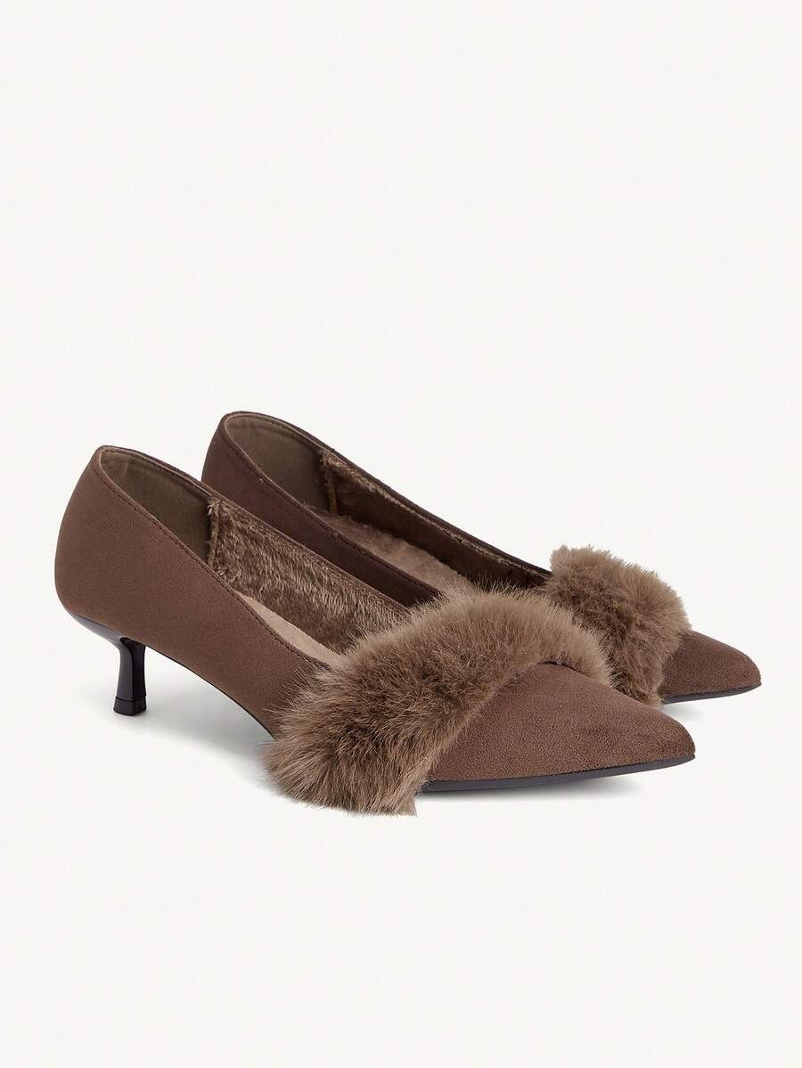CUCCOO CHICEST Autumn And Winter Pointed Toe Thin Low Heel Retro Style Coffee Color Suede Low Vamp Shoes Commuting Shopping Dating Daily Travel - Brown - View 1