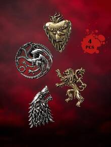 Game of Thrones X SHEIN 4件組時尚鋅合金復古胸針別針套組，包包吊飾，適合作為禮物、收藏品、紀念品 - 彩色 - 查看 3
