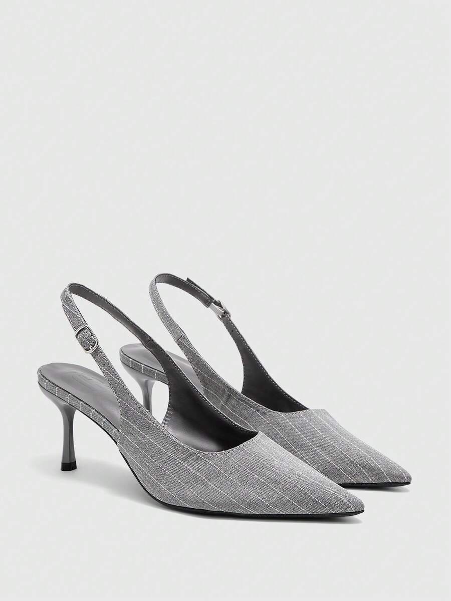 CUCCOO BIZCHIC Women's Workplace Style Pointed Empty Shoes, Gray Vertical Pattern Fabric Adjustable Buckle Stiletto Heels, Formal High Heels, Slingbacks - Light Grey - View 1