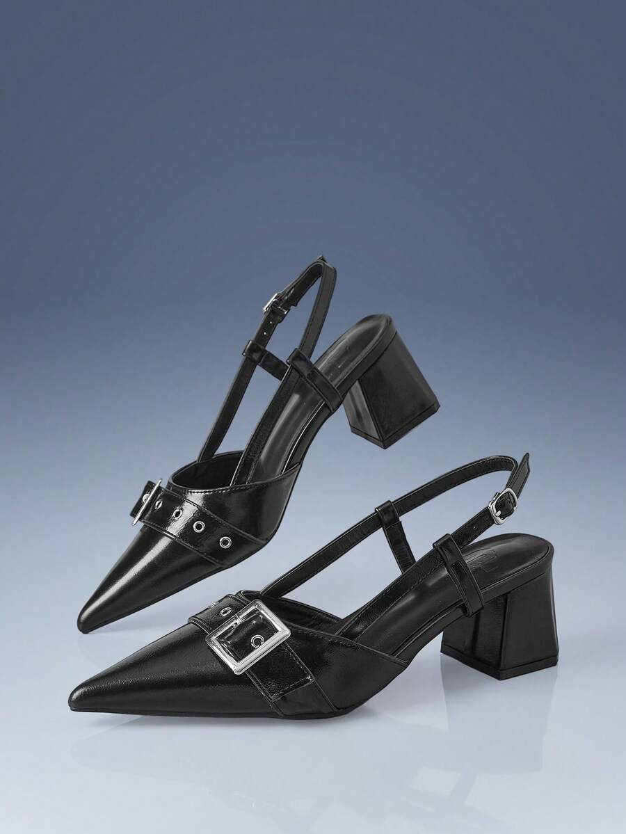 CUCCOO GRLICON Buckle Trimmed Back Strap Pointed Thick Heel Commuter Vacation Solid Color Black PU Leather Ladies High Heel Shoes Stickleback Party - Black - View 1