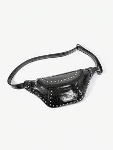 Viva Strut Ladies Fashionable Personality Simple Versatile Street Sweet And Cool Girls  Y2K Black Crocodile-Embossed Faux Leather Rivet Waist/Chest Bag - Black alligator pattern - View 2