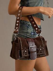 Viva Strut Ladies Fashionable Personality Street Sweet Cool Girls Y2K Vintage Deep Coffee Suede Star Rivet Design Flip Shoulder Bag, Daily School Shopping Dating - Dark coffee - View 2