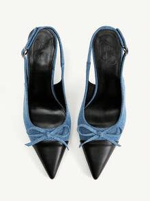 CUCCOO CHICEST French Contrasting Bow Back Strap Stiletto High Heels Slim Pointed Commuter Elegant Shoes - Contrasting blue - View 2
