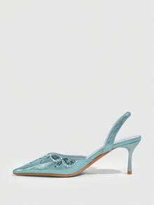 CUCCOO SZL Women's Rear Strap Shallow Shoes, Pointed Sequins Beaded Embroidered Adjustable Buckle Stiletto Party Women's Shoes, Slingbacks - Blue - View 4