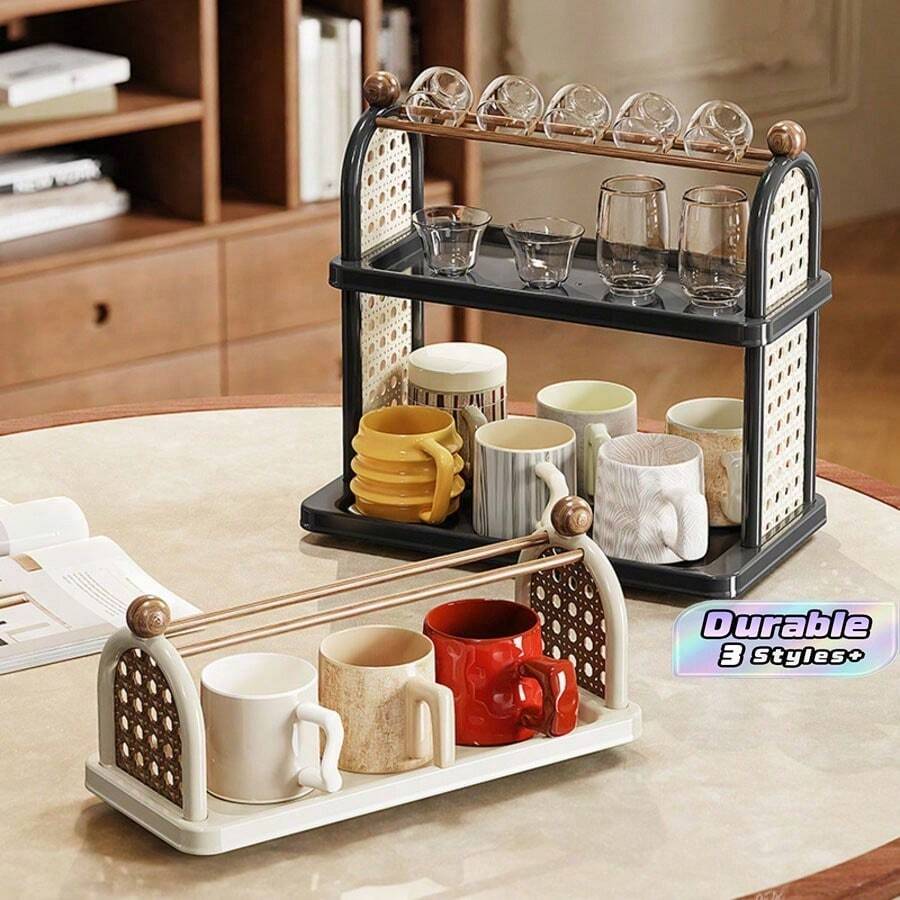 1pc Vintage Woven Pattern Cup Holder Rack, Multi-Tier Countertop Mug Organizer With Glass Hanging Rod, Tabletop Coffee Cup Storage Stand For Home Kitchen - Multicolor 2 - View 1