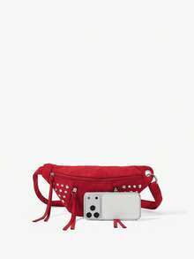 Viva Strut Ladies Retro Rivets Red Suede Waist Bag/Chest Bag, Fashionable, Personalized, Simple, Versatile, Street, Sweet And Cool Girls Y2k, For Daily, Shopping - Big red - View 4