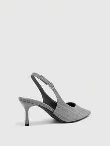 CUCCOO BIZCHIC Women's Workplace Style Pointed Empty Shoes, Gray Vertical Pattern Fabric Adjustable Buckle Stiletto Heels, Formal High Heels, Slingbacks - Light Grey - View 6