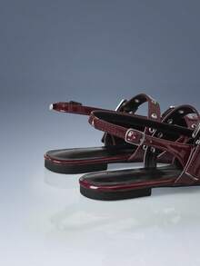 CUCCOO GRLICON Multi-Buckle Design Pointed Flat Sandals Burgundy PU Leather Versatile Low-Heeled Shoes Women, Suitable For Commuting And Office - Burgundy - View 5