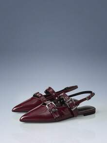 CUCCOO GRLICON Multi-Buckle Design Pointed Flat Sandals Burgundy PU Leather Versatile Low-Heeled Shoes Women, Suitable For Commuting And Office - Burgundy - View 2