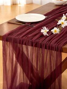 1pc/3pcs Burgundy Bohemian Style Gauze Table Runner, Semi-Transparent Thin Gauze Tablecloth, Suitable For Wedding, Birthday, Baby Shower, Party, Bohemian Style Tabletop Decor - Multicolor - View 2