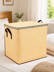 1Pc Light Orange White Striped Fabric Storage Box With Zipper Lid, Large Foldable Clothes Storage Bin With Handles, Wardrobe Organizer For Quilts Blankets Down Jackets - Yellow - View 8