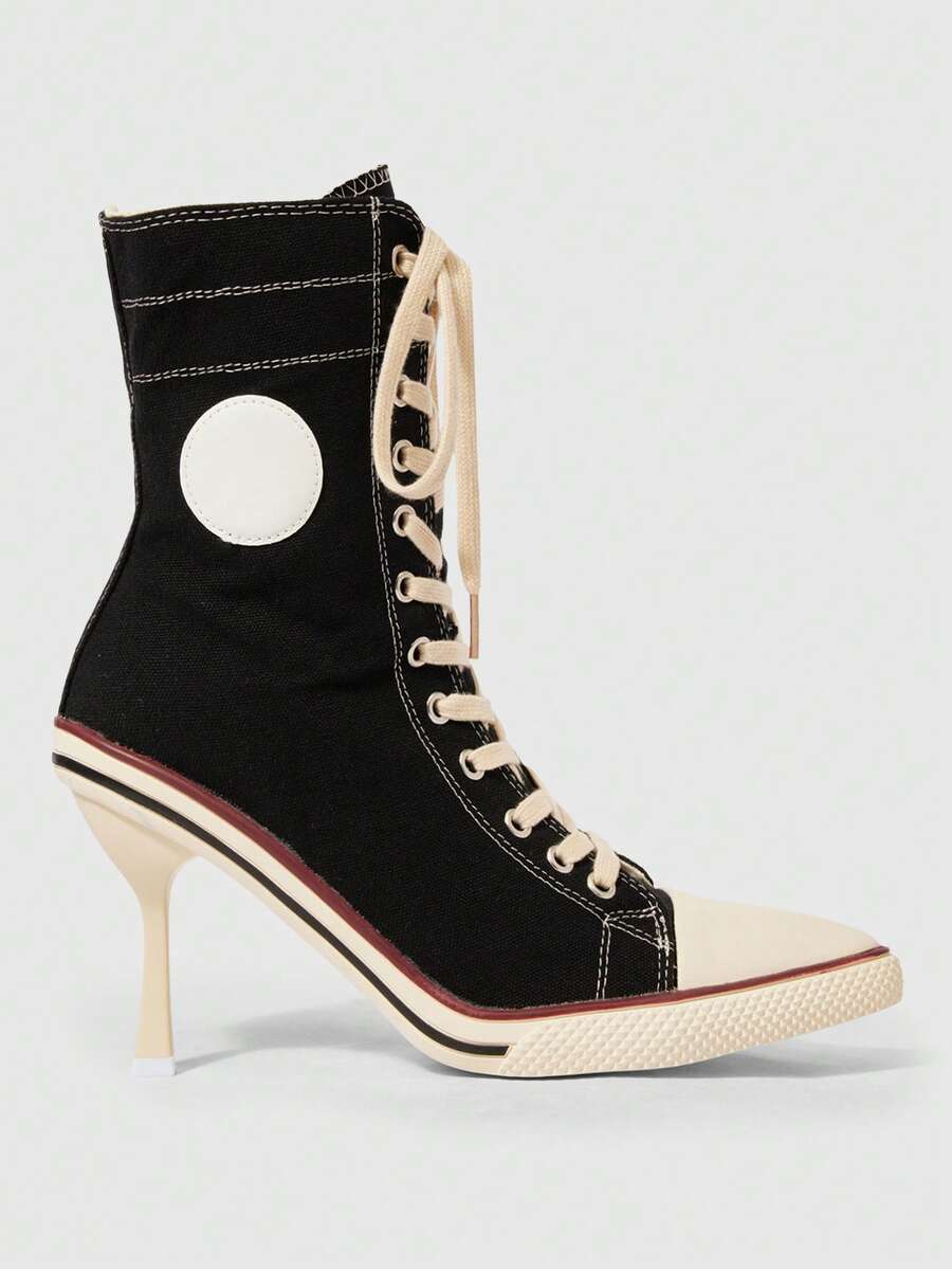 ROMWE Grunge Punk Women's Short Boots And Ankle Boots, Pointed-Toed Stiletto High-Lace-Up Dark Rock Punk Boots, Riveted Y2K Goth Boots, Knight Motorcycle Boots - Black -0004 - View 1