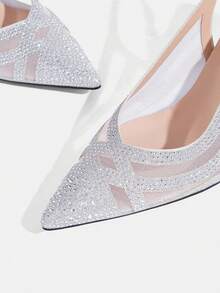 CUCCOO TILAWA Champagne Mesh Sparkling Rhinestone Elegant Temperament Sexy Pointed Women's High Heels - The Rear Buckle Belt Is Exquisitely Designed, Using The Desi - Silver - View 7
