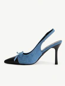CUCCOO CHICEST French Contrasting Bow Back Strap Stiletto High Heels Slim Pointed Commuter Elegant Shoes - Contrasting blue - View 6