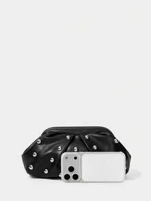 SHECARRY Y2K Style Fashion Rivet Design Chain Shoulder Bag Cloud Bag PU Material, Suitable For Daily Commuting - Black - View 4