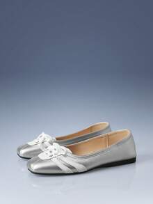 CUCCOO GRLICON Low Vamp Color Matching Lace-Up Flat Bottom Y2K Silver PU Leather Women's Flat Bottom Shoes Party Outdoor - Silver - View 3
