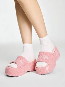 ROMWE Kawaii 女款斜跟厚底涼鞋 深色搖滾龐克哥德風 夏季露趾羅馬沙灘涼鞋 刺繡字母款 派對洋裝鞋 - 粉--色 - 查看 4