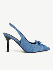 CUCCOO CHICEST French Bow Back Strap Stiletto High Heels Slim Pointed Commuter Elegant Shoes - Blue - View 3