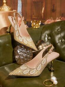 CUCCOO TILAWA Pearl Decoration Gold Sparkling Rhinestone Elegant Temperament Sexy Pointed Women's High Heels - The Rear Buckle Belt Is Exquisitely Designed, Using T - Gold - View 1
