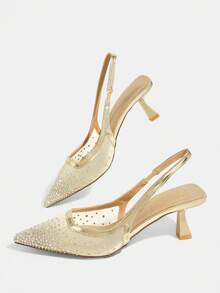 CUCCOO TILAWA Women's Pointed Square Vamp. Breathable Flat Mesh Fabric, Hot Rhinestones. Wine Glass Paint Medium And High Heels. Back Empty Shoes. Four Seas - Gold - View 4