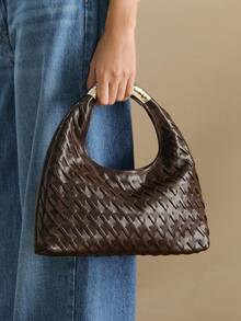 Wovira Ladies' Fashionable Elegant Simple Classic Hand-Woven Imitation Leather, Metal Arm-In-Arm Handbag, Daily Commuting, Dating, Afternoon Tea - Dark brown - View 9