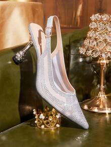 CUCCOO TILAWA Champagne Mesh Sparkling Rhinestone Elegant Temperament Sexy Pointed Women's High Heels - The Rear Buckle Belt Is Exquisitely Designed, Using The Desi - Silver - View 5