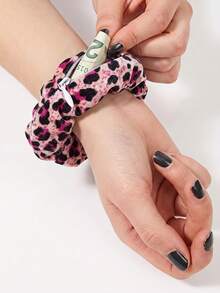 ROMWE Pink And Fashionable Leopard Print Satin Hair Rope, Storage, Zipper Model, Change Bag, Large Ponytail Hair Band, Cute Ponytail Hair Band. - Pink leopard print - View 1
