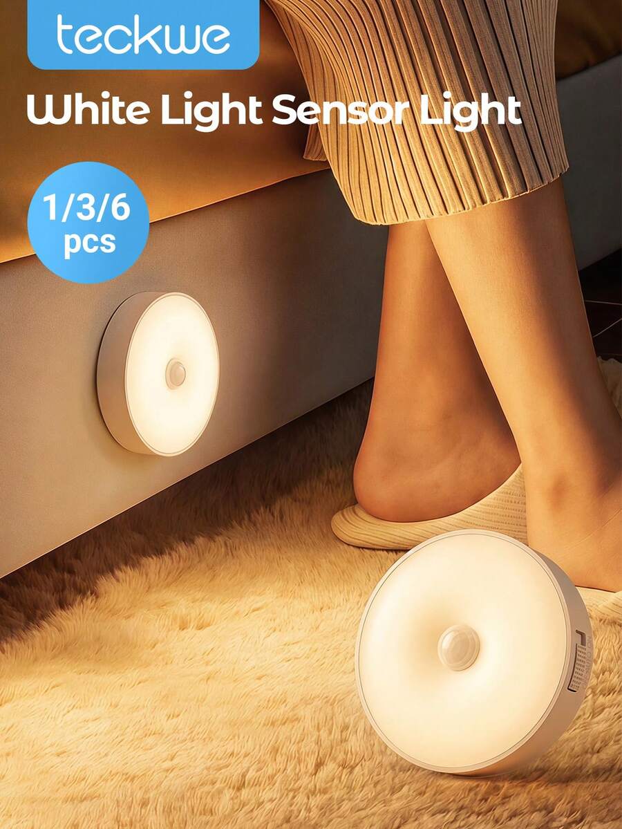 Teckwe 1pc/3pcs/6pcs/Warm Light, LED Wireless Motion Sensor Wall Light, Rechargeable Nightlight , Suitable For Kitchen, Bedroom, Living Room, Corridor, Bathroom, Room Decoration - Warm yellow light - View 1