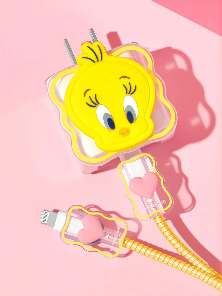 LOONEY TUNES X SHEIN Data Cable Protector, Suitable For IPhone Charger, 4-Piece Set Of Mobile Phone Cable Protectors, Charger Protector (Excluding Data Cable) - Yellow - View 2