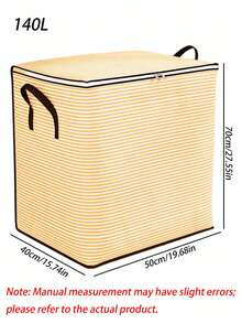 1Pc Light Orange White Striped Fabric Storage Box With Zipper Lid, Large Foldable Clothes Storage Bin With Handles, Wardrobe Organizer For Quilts Blankets Down Jackets - Yellow - View 12
