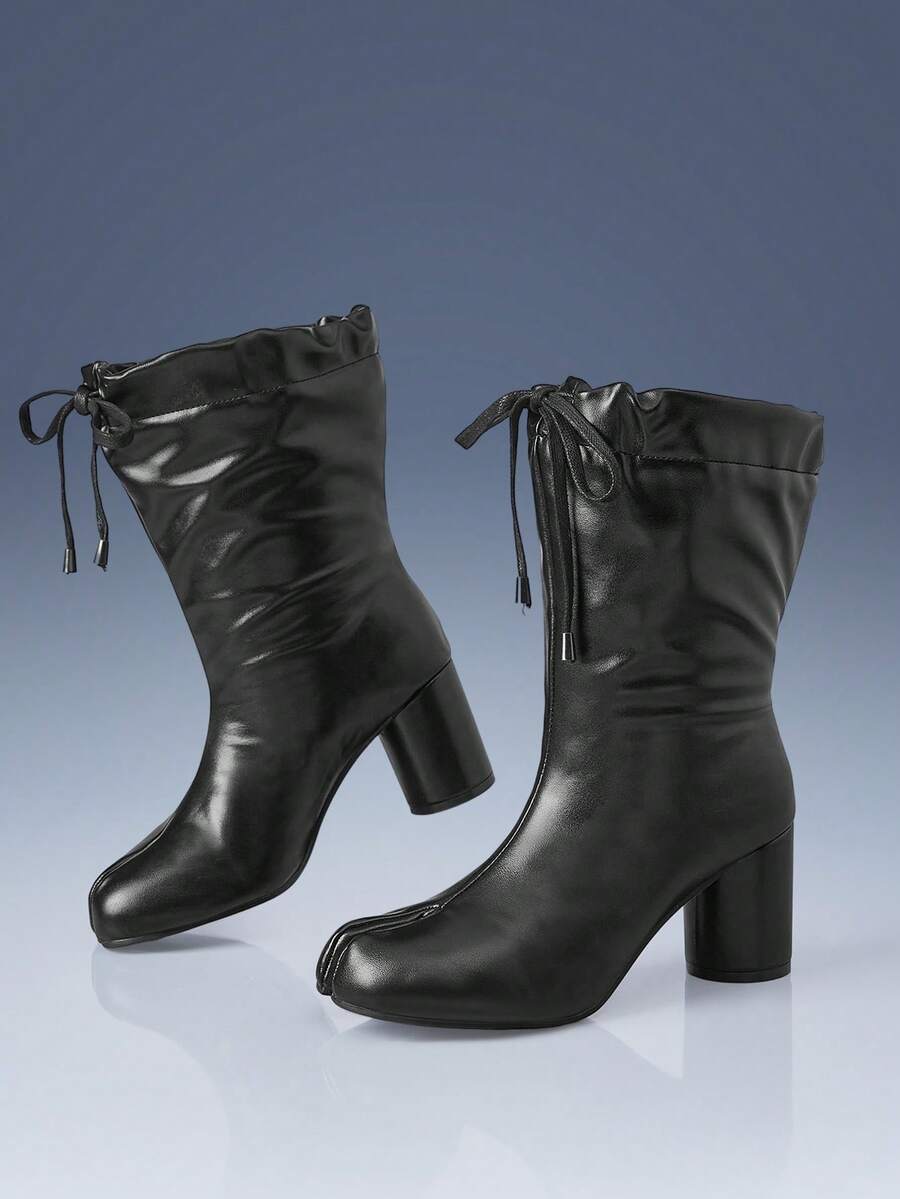 CUCCOO GRLICON Vintage Black Split-Toed Short Boots Autumn And Winter Pleated Bundle Drawstring Lace-Up Thick Heel Commuter Wide Tube High Heel Women's Medium Boots - Black - View 1