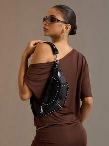 Viva Strut Ladies Fashionable Personality Simple Versatile Street Sweet And Cool Girls  Y2K Black Crocodile-Embossed Faux Leather Rivet Waist/Chest Bag - Black alligator pattern - View 7